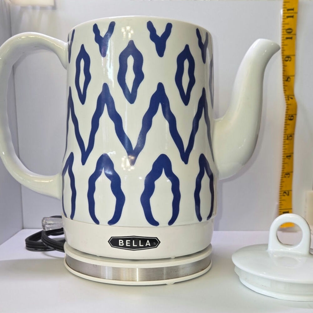 Bella 1.2L Electric Ceramic Tea Kettle - Blue/White Ikat Aztec Geometric Pattern